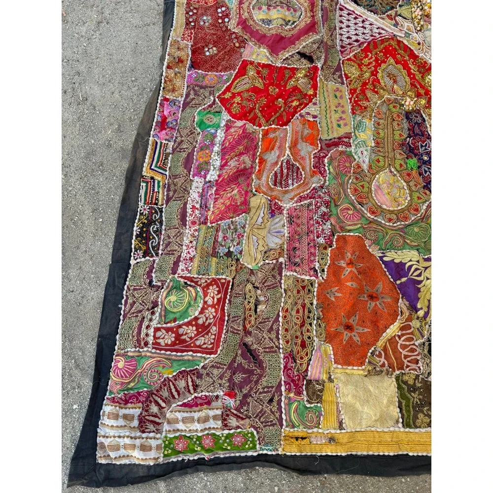 Vintage Indian Heavily Beaded Art Decor Sari Zari Wall Hanging Tapestry 75x93